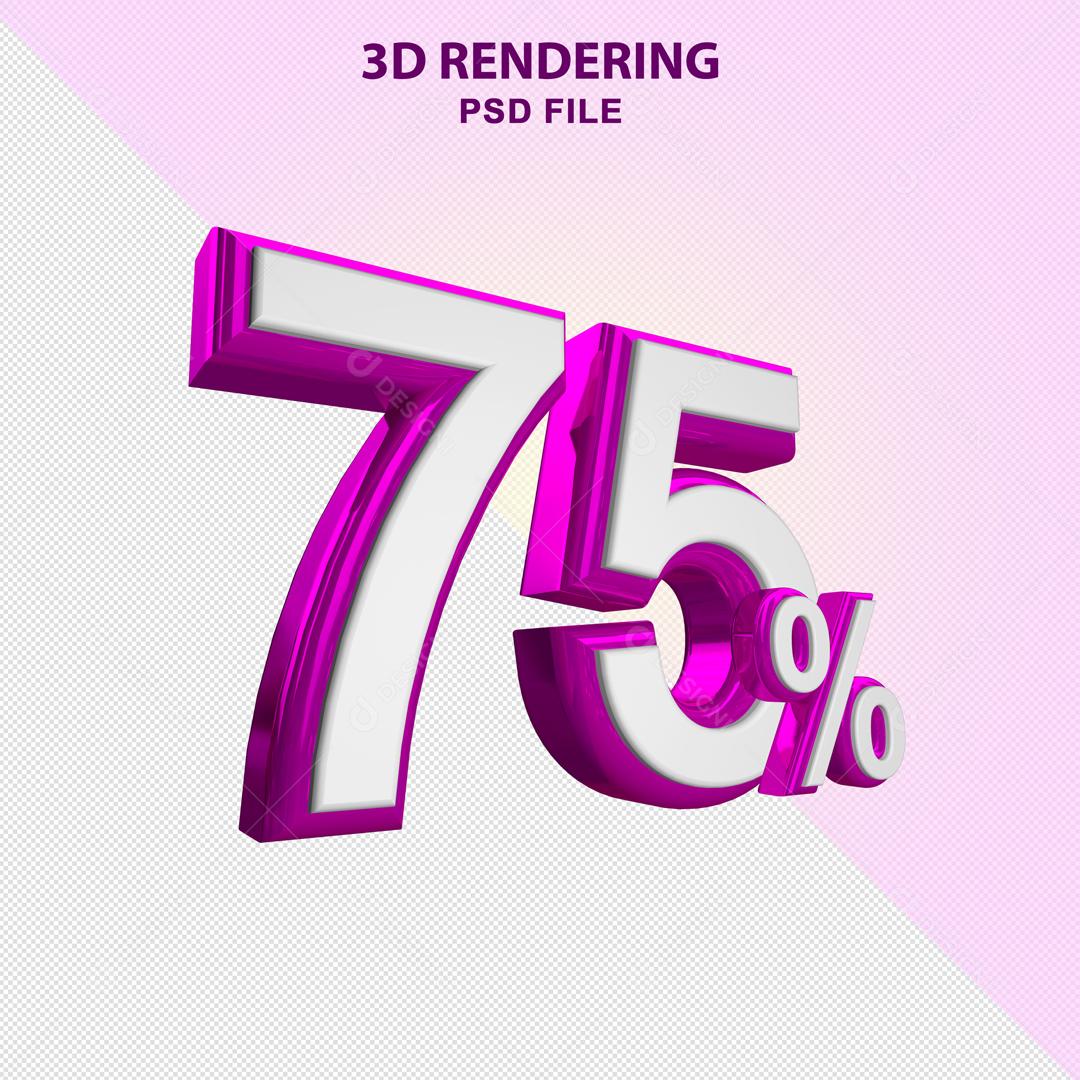 Número 3D 75% Branco com Textura Roxa Elemento Para Composição PSD