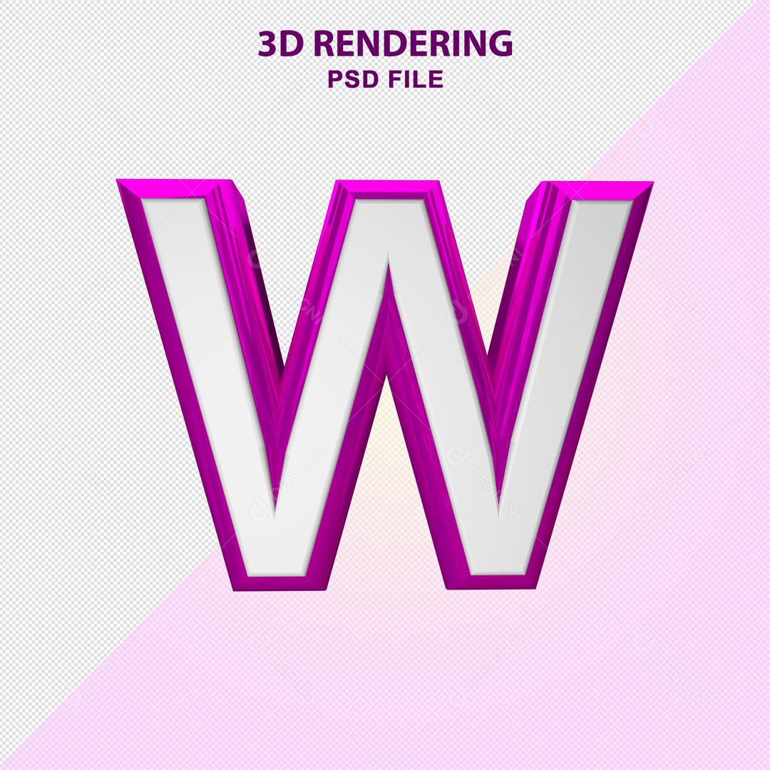 Letra W 3D Branco com Textura Roxa Elemento Para Composição PSD