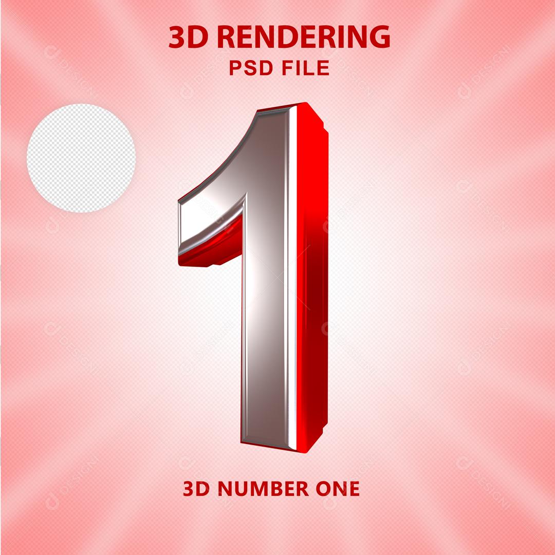 Número 3D 1 Branco com Textura Vermelha Para composição PSD