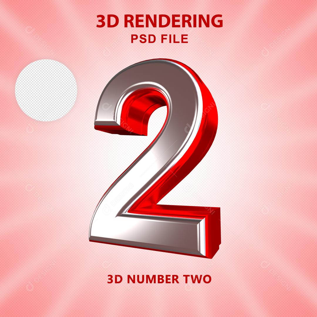 Número 3D 2 Branco com Textura Vermelha Para composição PSD