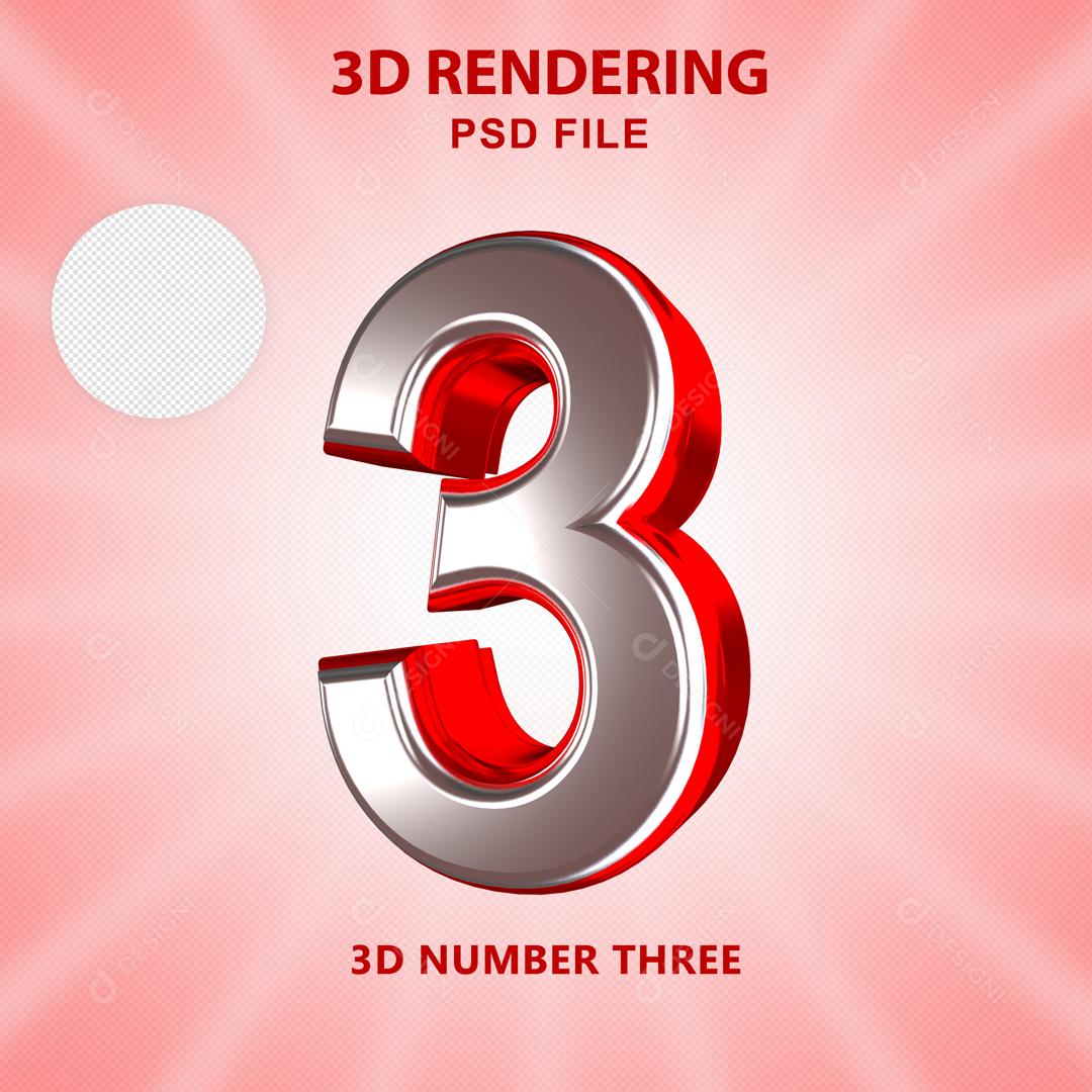 Número 3D 3 Branco com Textura Vermelha Para composição PSD