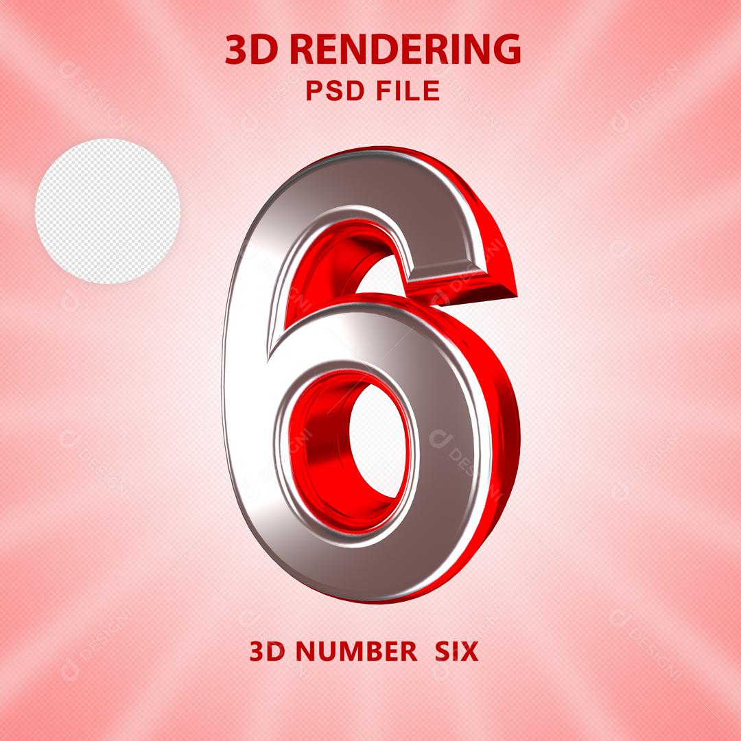 Número 3D 6 Branco com Textura Vermelha Para composição PSD