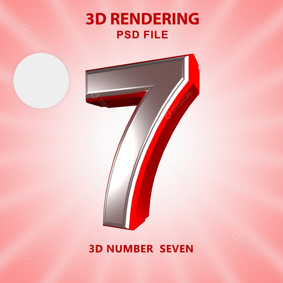 Número 3D 7 Branco com Textura Vermelha Para composição PSD