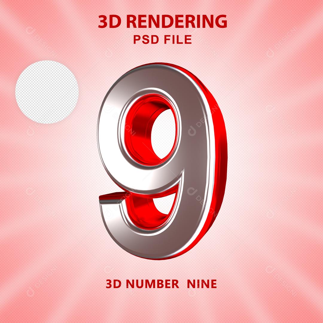 Número 3D 9 Branco com Textura Vermelha Para composição PSD