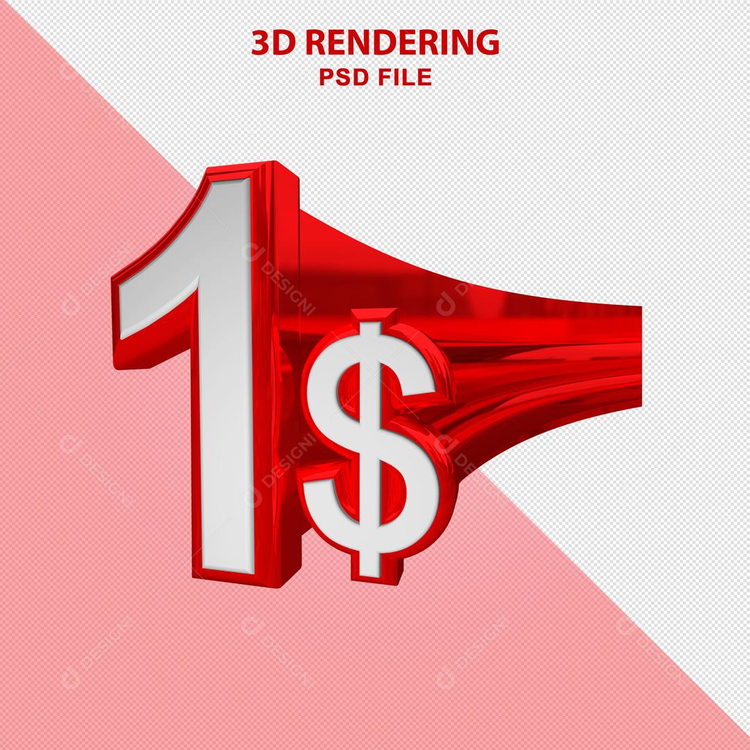 Número 3D 1$ Branco com Textura Vermelha Elemento Para Composição PSD