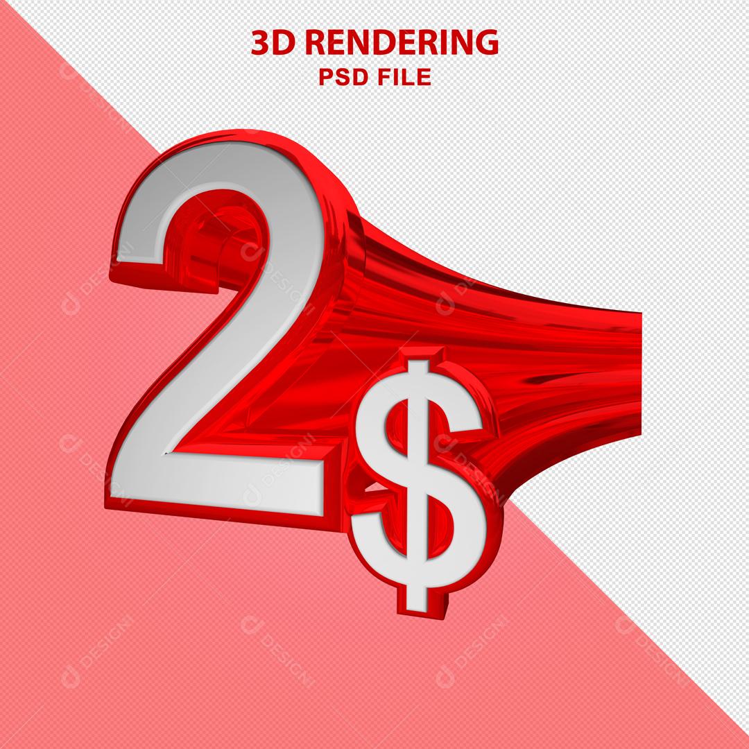 Número 3D 2$ Branco com Textura Vermelha Elemento Para Composição PSD