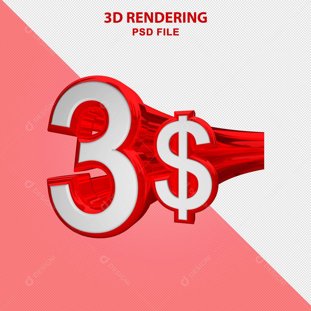 Número 3D 3$ Branco com Textura Vermelha Elemento Para Composição PSD