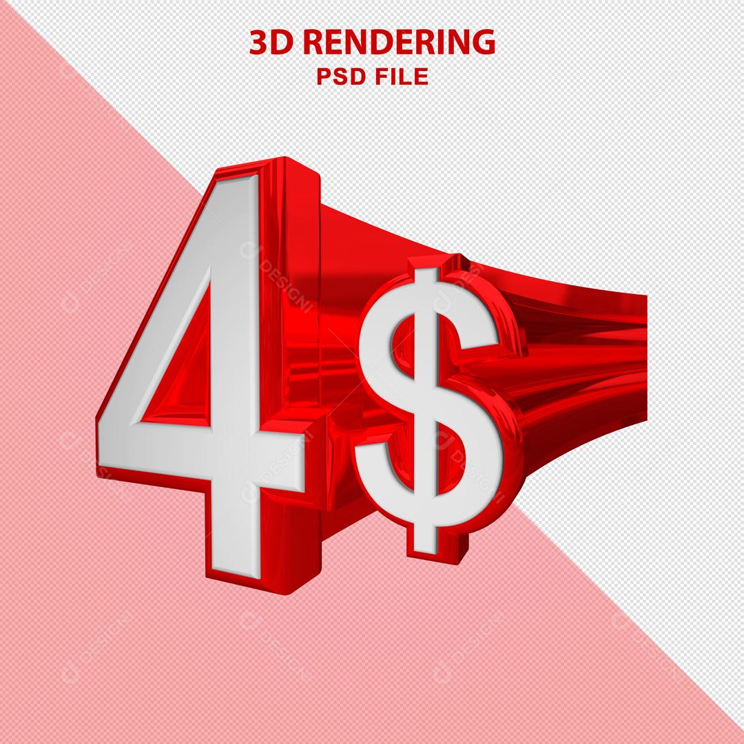 Número 3D 4$ Branco com Textura Vermelha Elemento Para Composição PSD