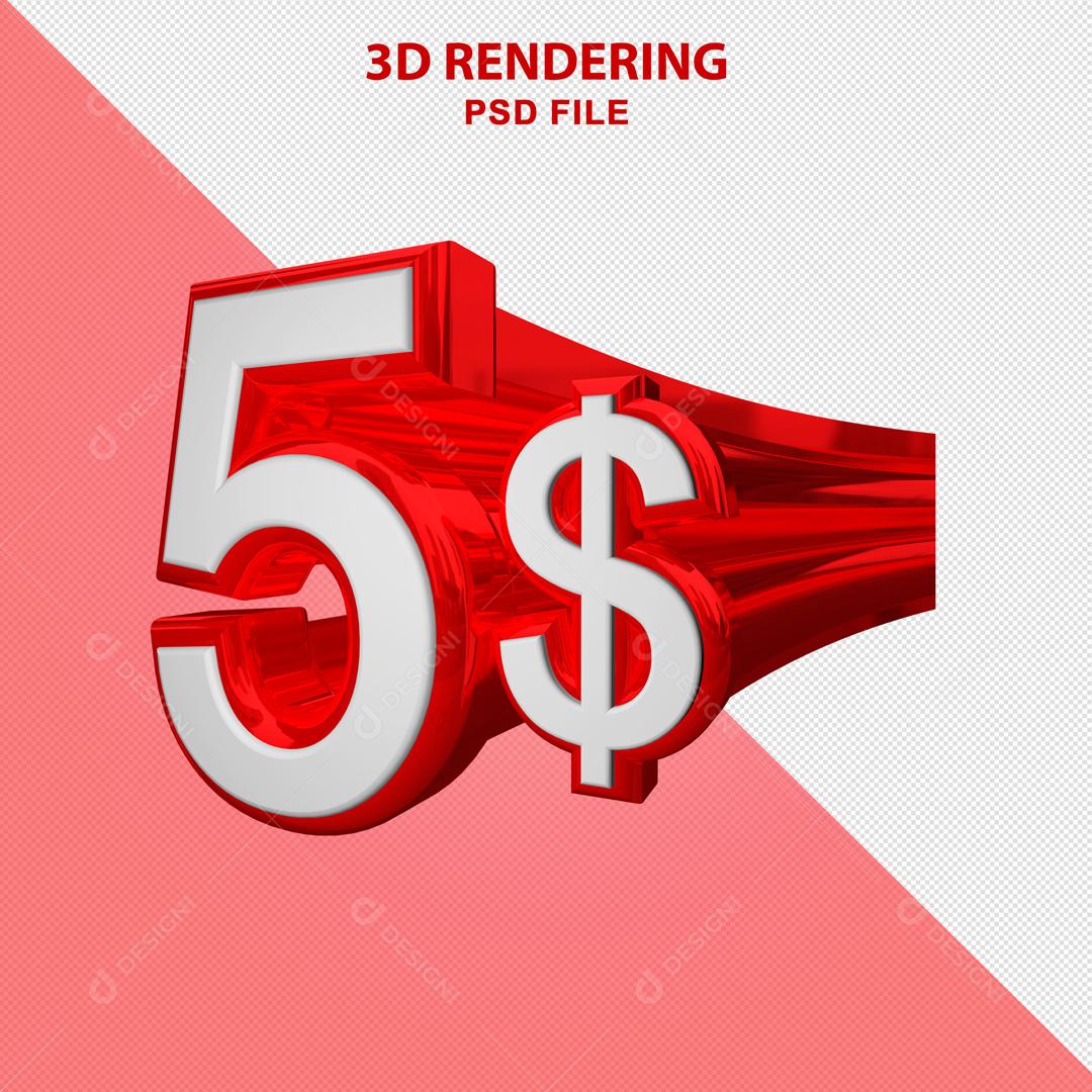 Número 3D 5$ Branco com Textura Vermelha Elemento Para Composição PSD