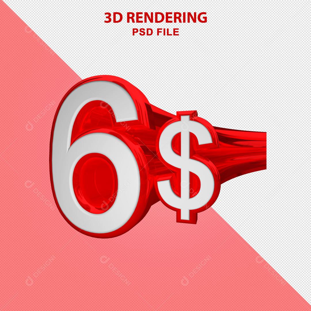 Número 3D 6$ Branco com Textura Vermelha Elemento Para Composição PSD