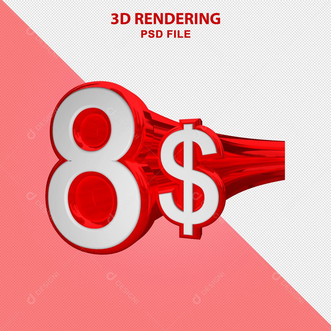 Número 3D 8$ Branco com Textura Vermelha Elemento Para Composição PSD