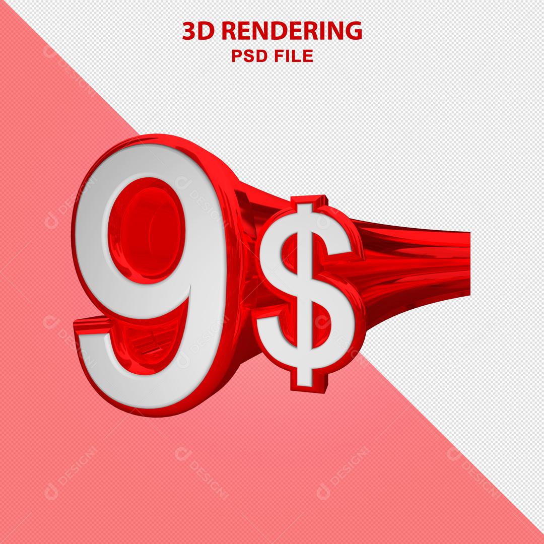 Número 3D 9$ Branco com Textura Vermelha Elemento Para Composição PSD