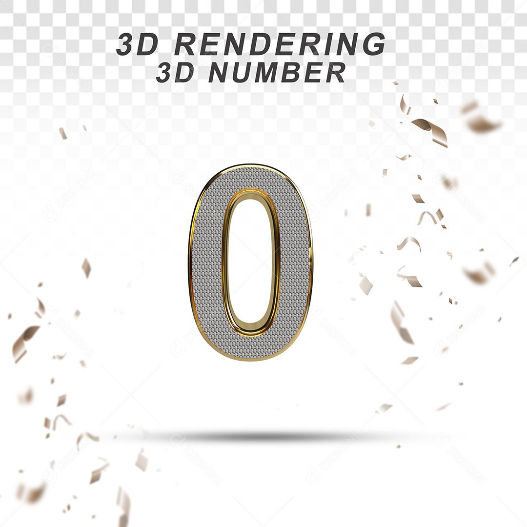 Número 3D 0 Branco com Textura Dourada Para composição PSD