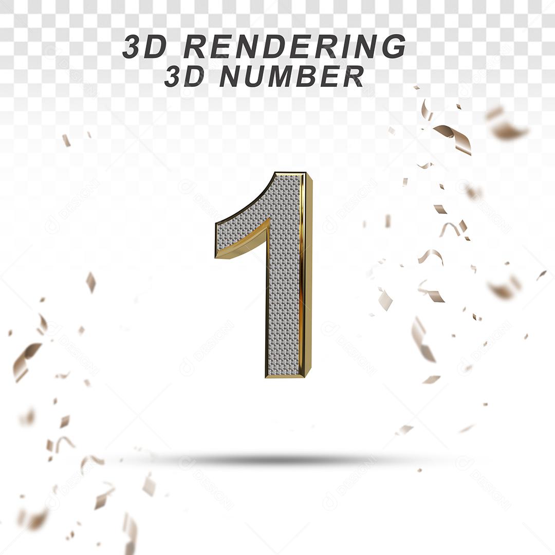 Número 3D 1 Branco com Textura Dourada Para composição PSD