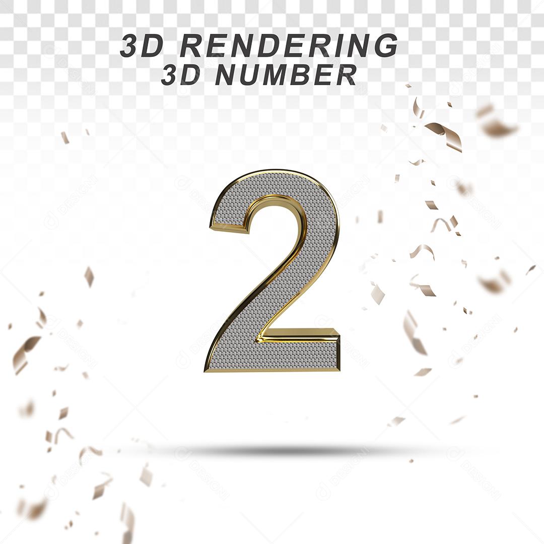 Número 3D 2 Branco com Textura Dourada Para composição PSD