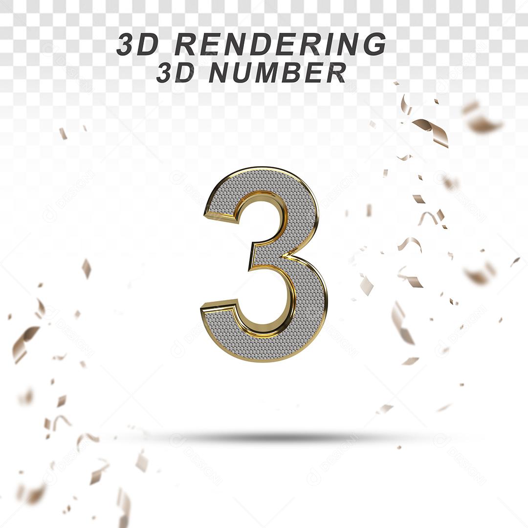 Número 3D 3 Branco com Textura Dourada Para composição PSD