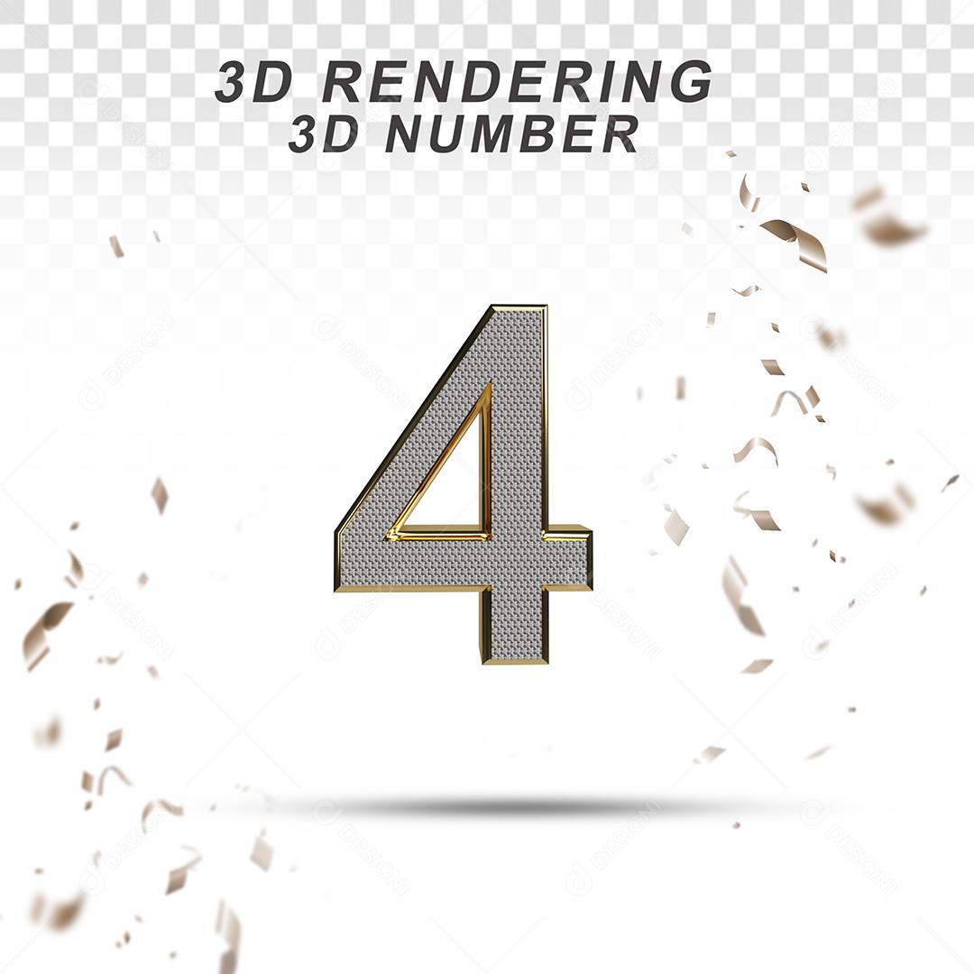 Número 3D 4 Branco com Textura Dourada Para composição PSD