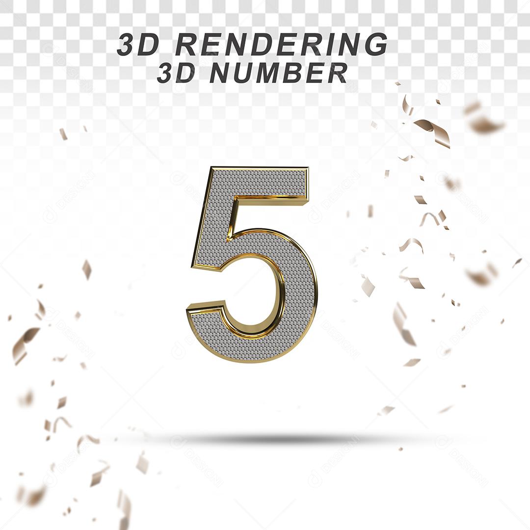 Número 3D 5 Branco com Textura Dourada Para composição PSD