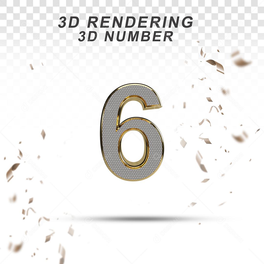 Número 3D 6 Branco com Textura Dourada Para composição PSD