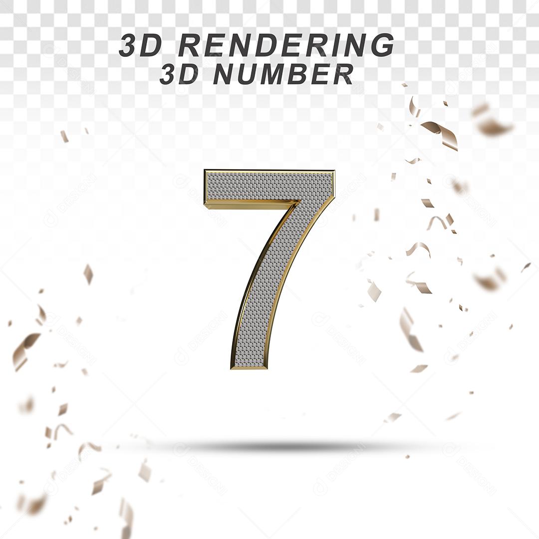 Número 3D 7 Branco com Textura Dourada Para composição PSD