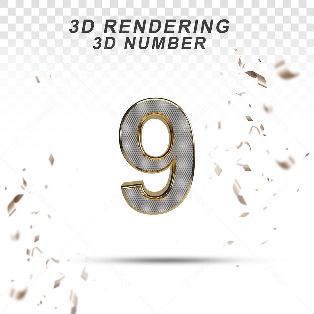 Número 3D 9 Branco com Textura Dourada Para composição PSD