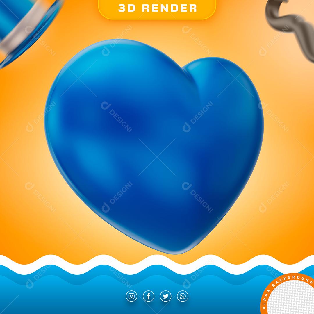 Coração Azul do Dia dos Pais Elemento 3D para Composição PSD