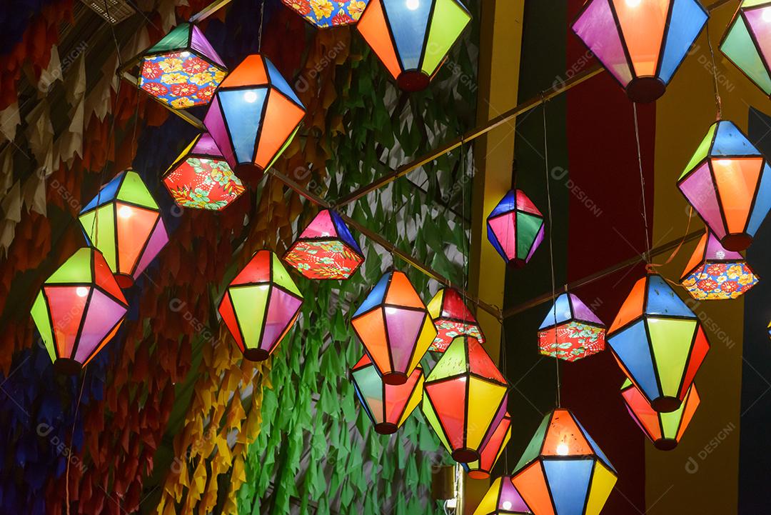 Colored flags and decorative balloon for the São João festival, which takes place in June in northeastern Brazil.