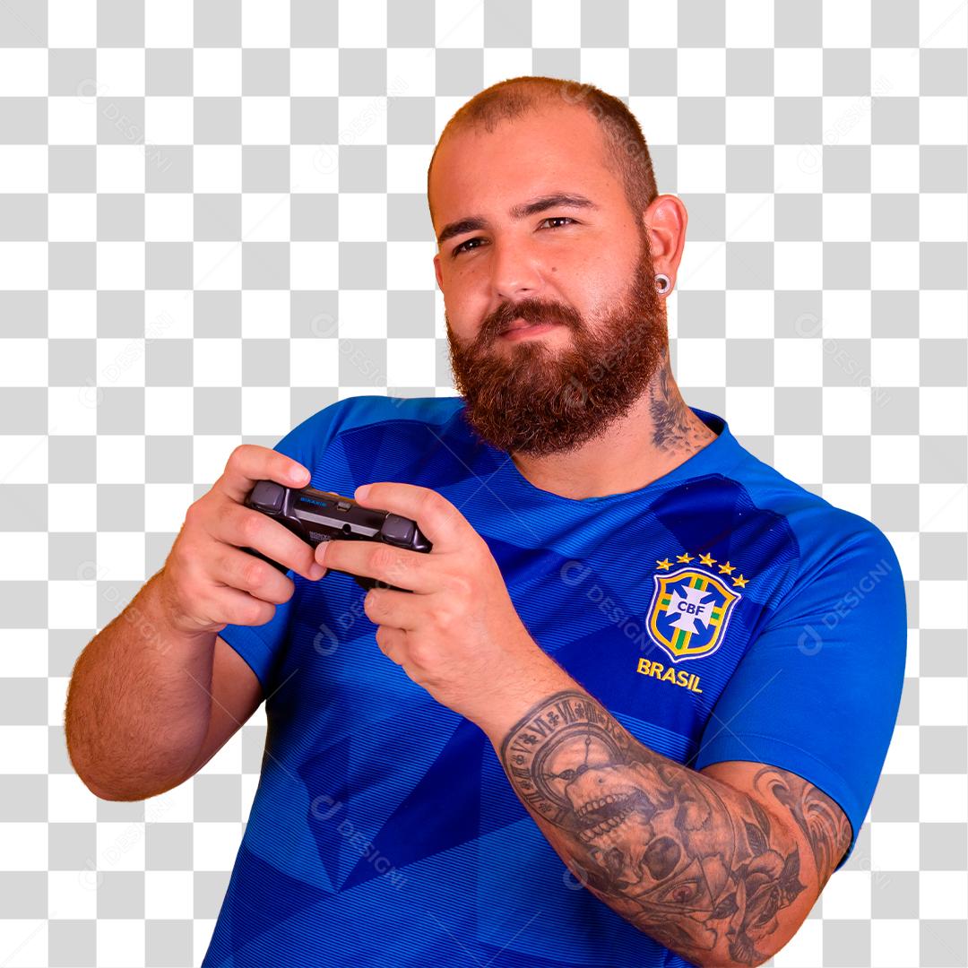 Homem jovem torcedor brasileiro jogando vídeo game