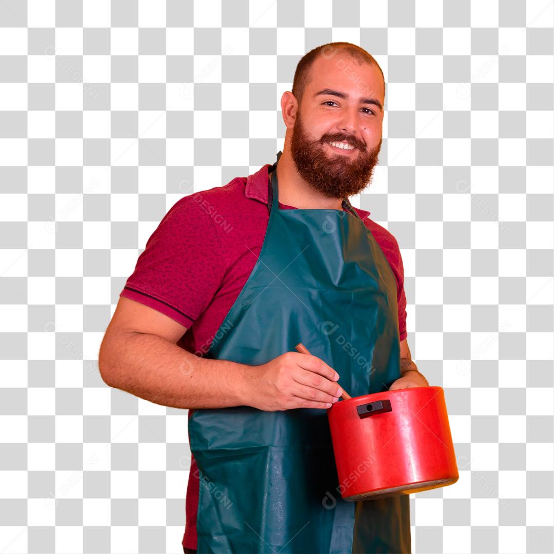 homem ruivo de barba usando um avental de cozinha