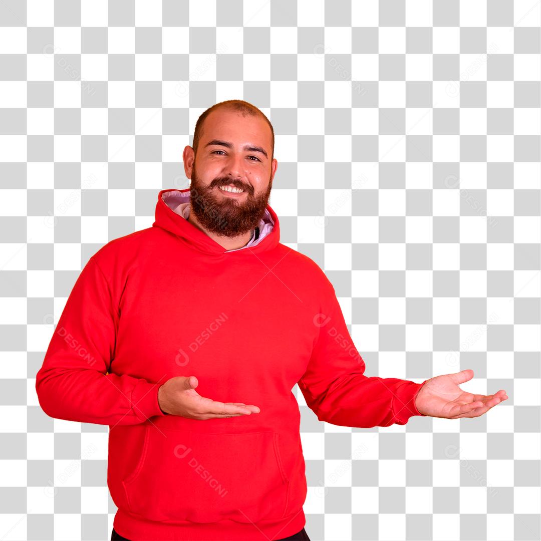 homem ruivo de barba usando um blusão vermelho e apontando para o lado