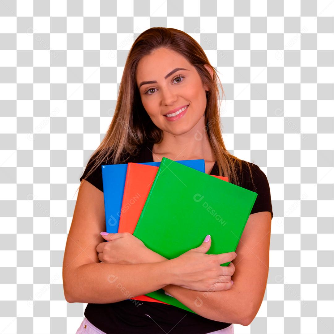 Jovem loira segurando seus livros escolares