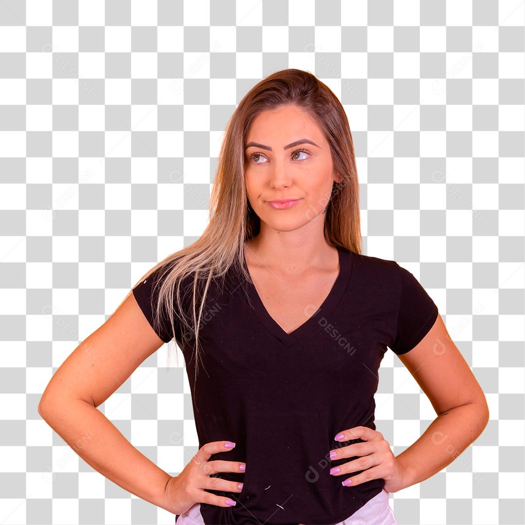 Jovem loira com as mão na cintura