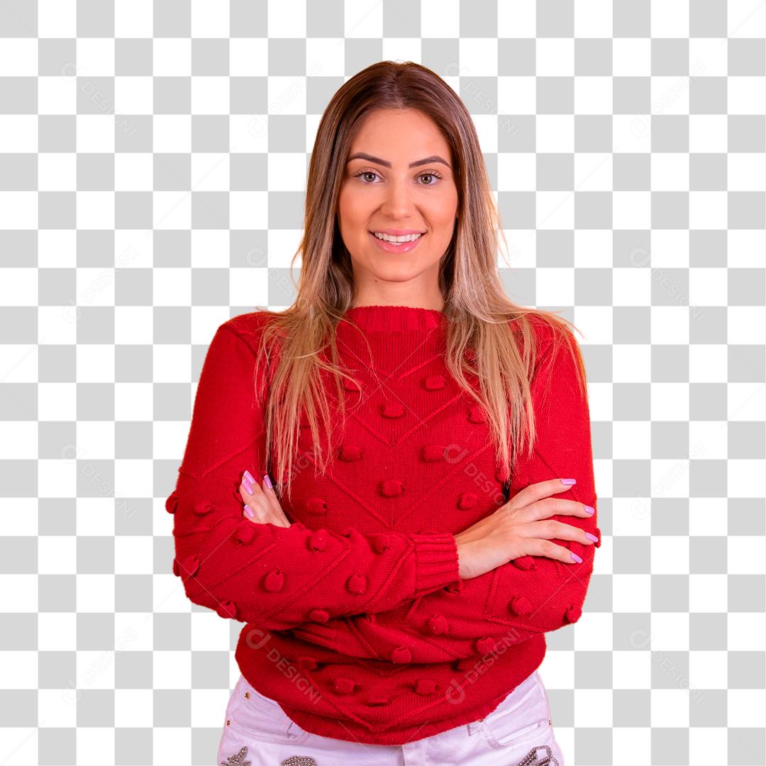 Mulher loira sorridente com um chapéu de papai noel com os braços cruzado