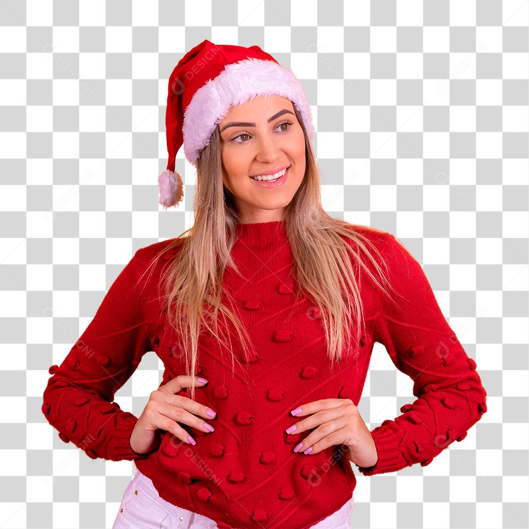 Mulher loira com um chapéu de papai noel com as mão na cintura
