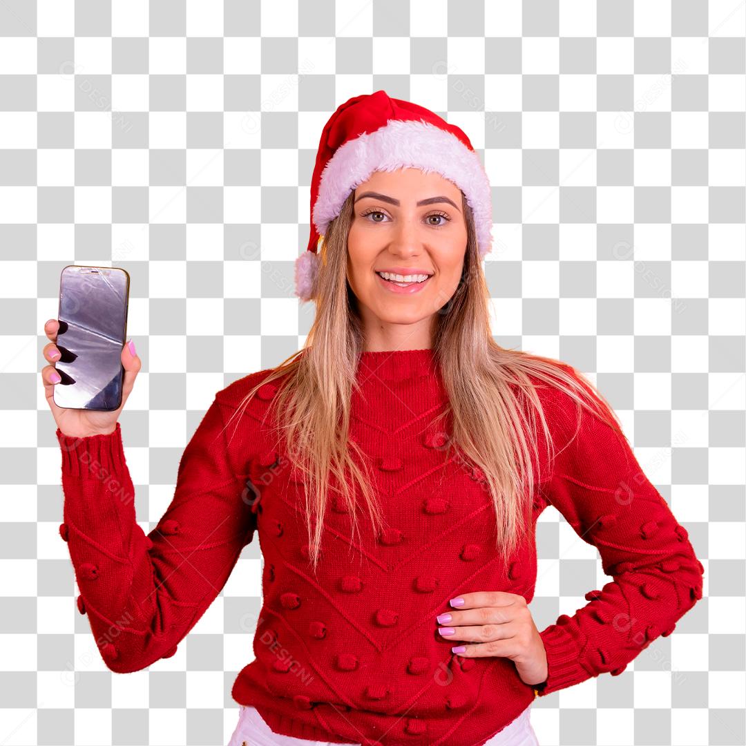 Mulher loira com um chapéu de papai noel segurando um celular