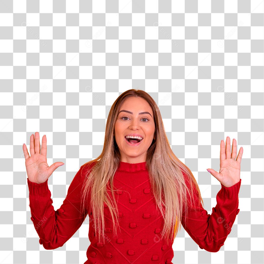 Mulher loira com moletom vermelho fazendo gestos com as maõs