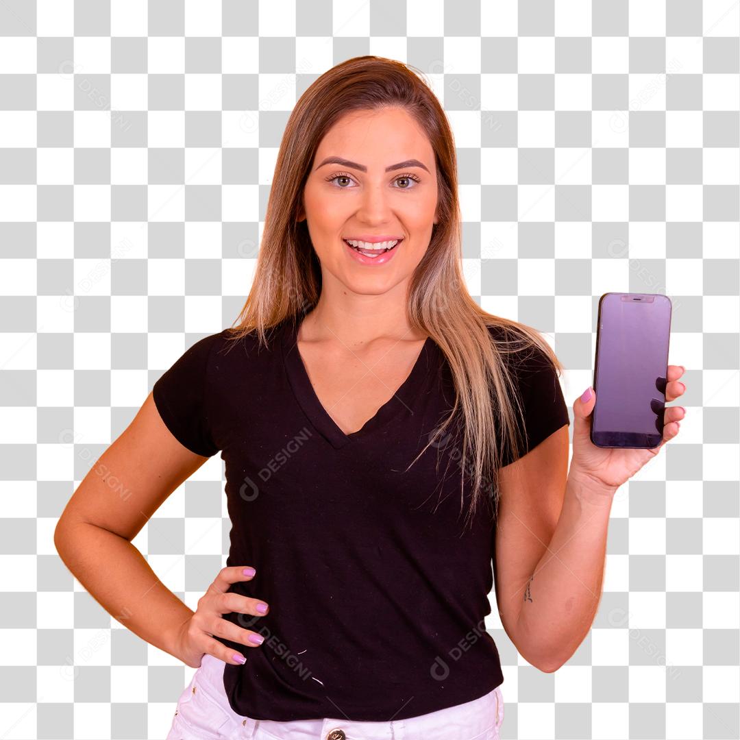 mulher loira segurando um celular