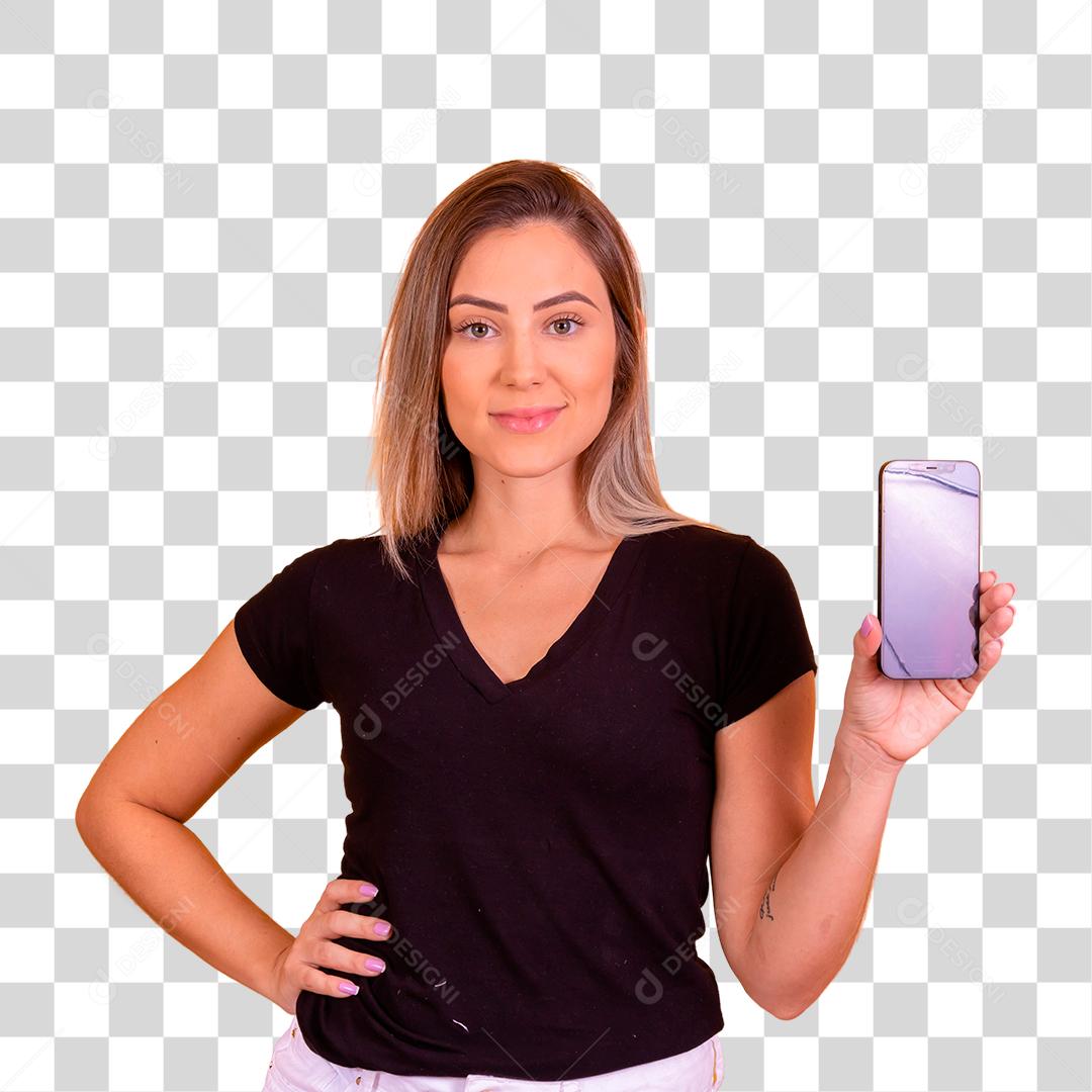 mulher loira segurando um celular