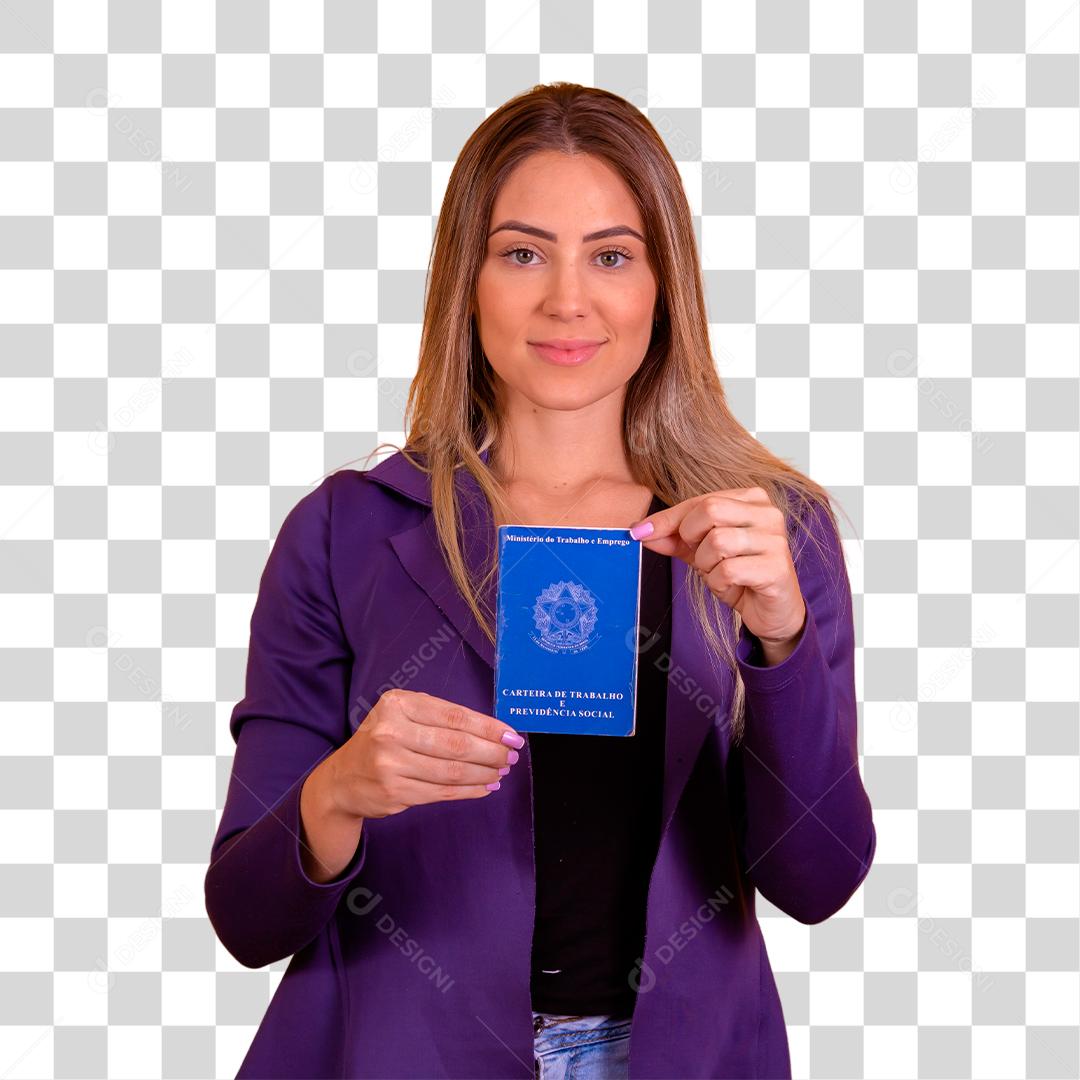 Mulher loira segurando uma carteira de trabalho da previdência social