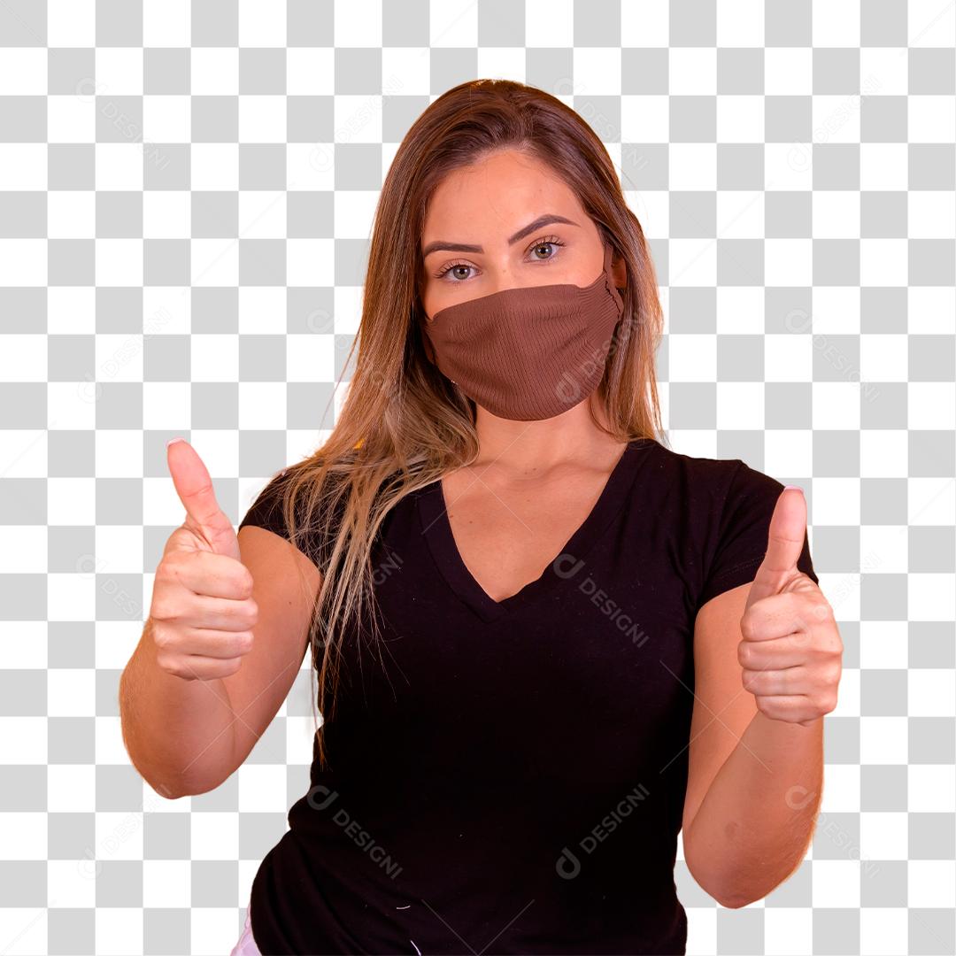 Mulher loira usando mascara blusa preta com os polegares para cima