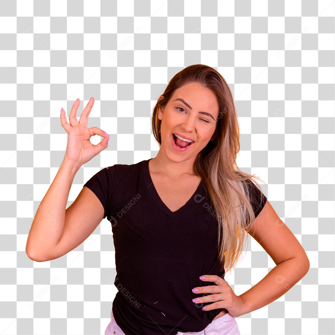 Mulher loira usando uma blusa preta fazendo gestos com as mãos de Ok