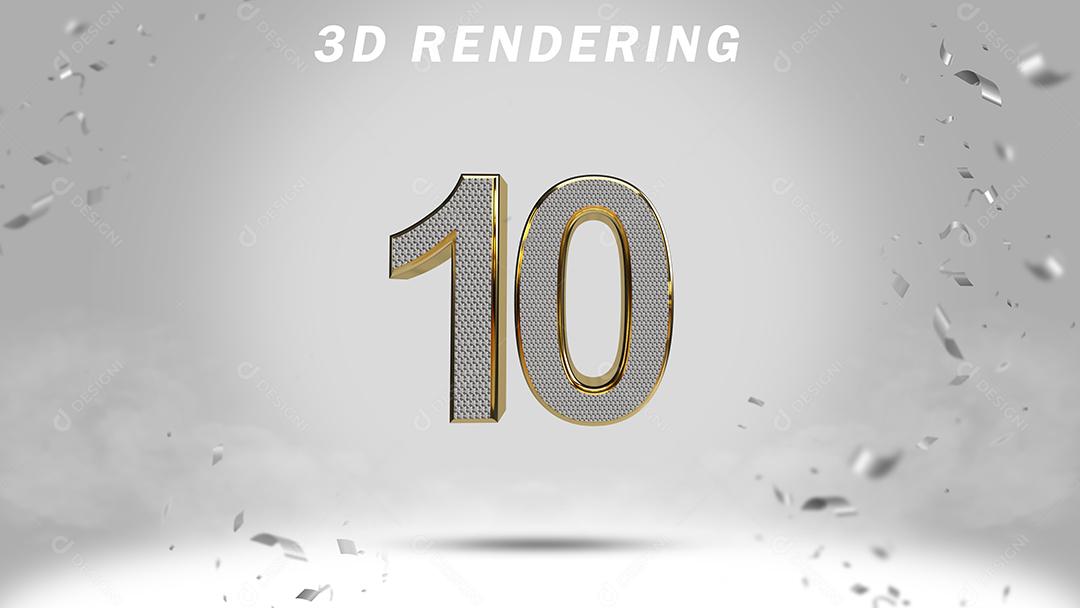 Número 3D 10 Branco com Textura Dourada Para composição PSD