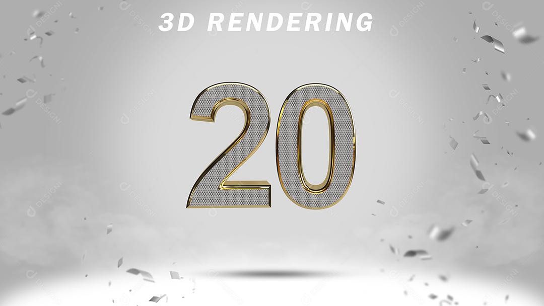 Número 3D 20 Branco com Textura Dourada Para composição PSD