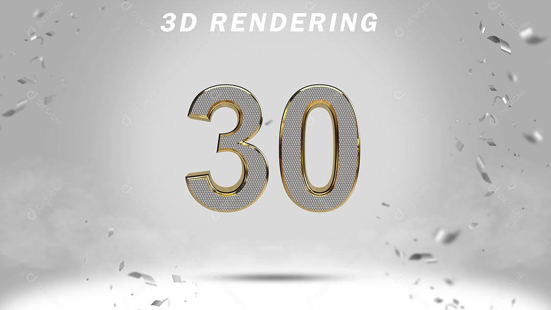 Número 3D 30 Branco com Textura Dourada Para composição PSD