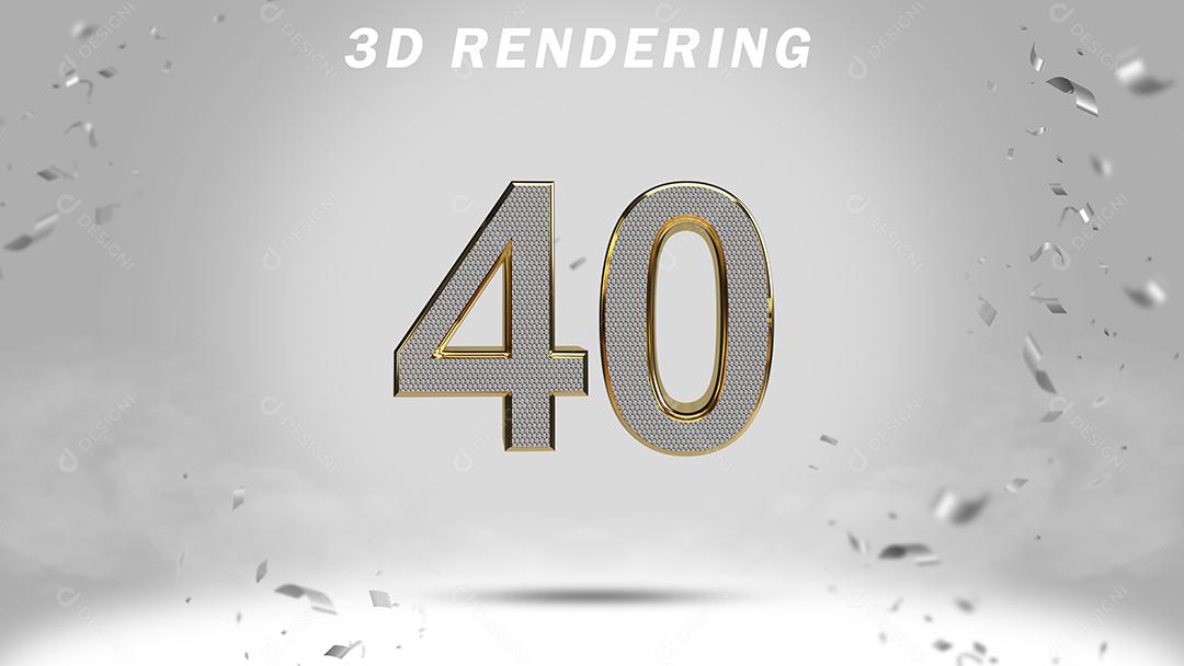 Número 3D 40 Branco com Textura Dourada Para composição PSD