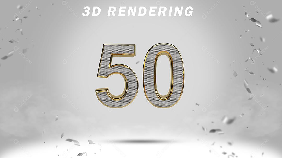 Número 3D 50 Branco com Textura Dourada Para composição PSD