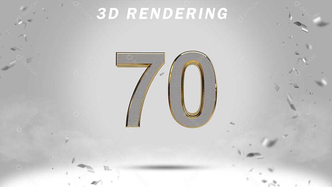 Número 3D 70 Branco com Textura Dourada Para composição PSD