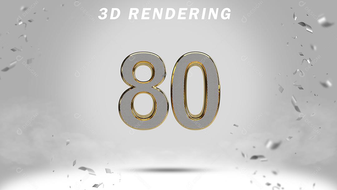 Número 3D 80 Branco com Textura Dourada Para composição PSD