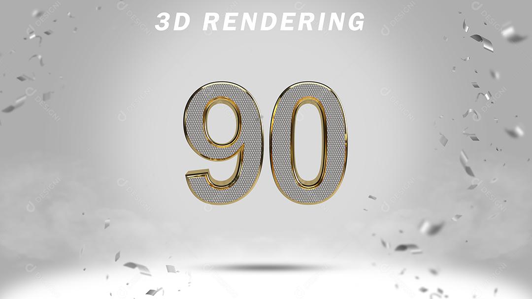 Número 3D 90 Branco com Textura Dourada Para composição PSD