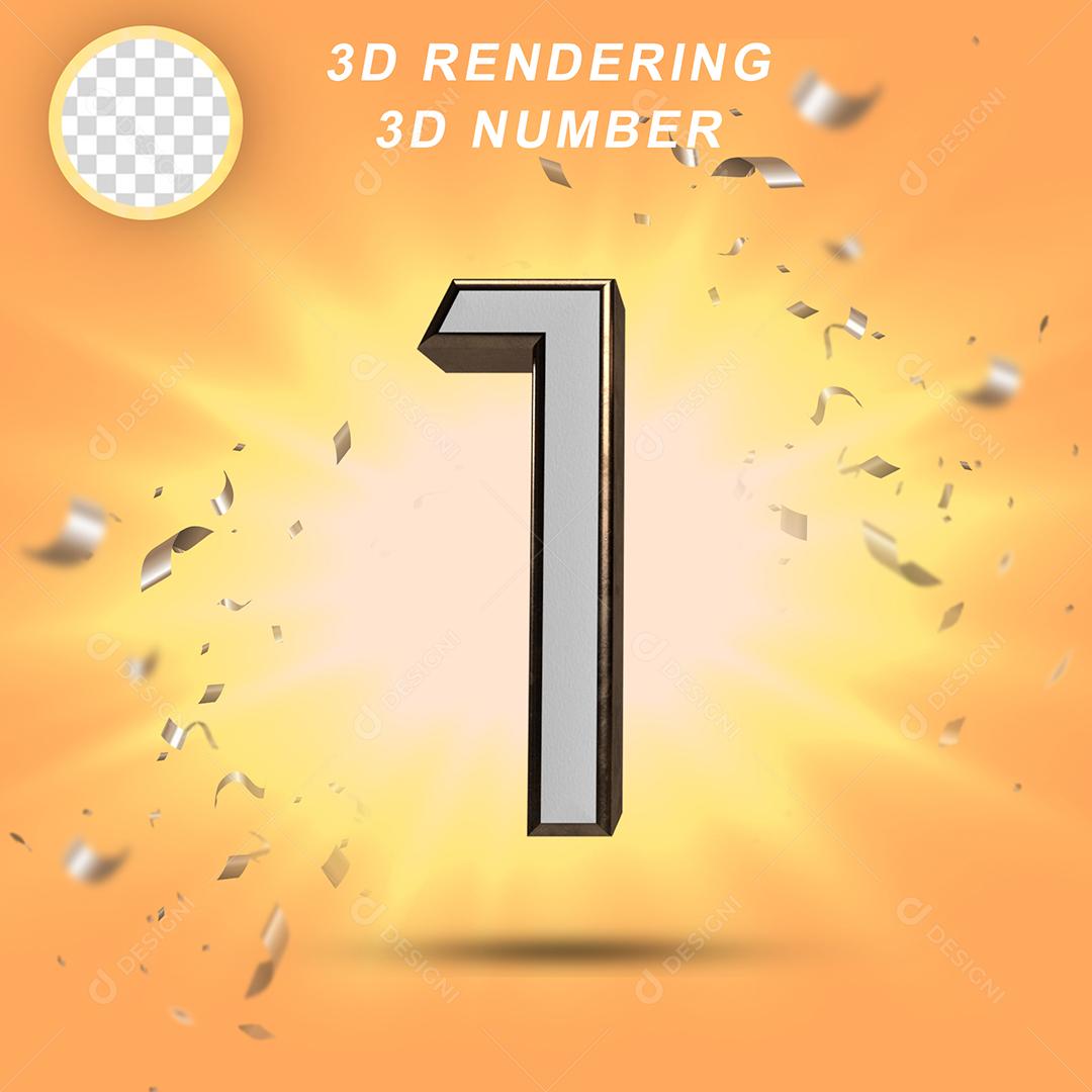Número 3D 1 Branco com Textura Dourada Para composição PSD